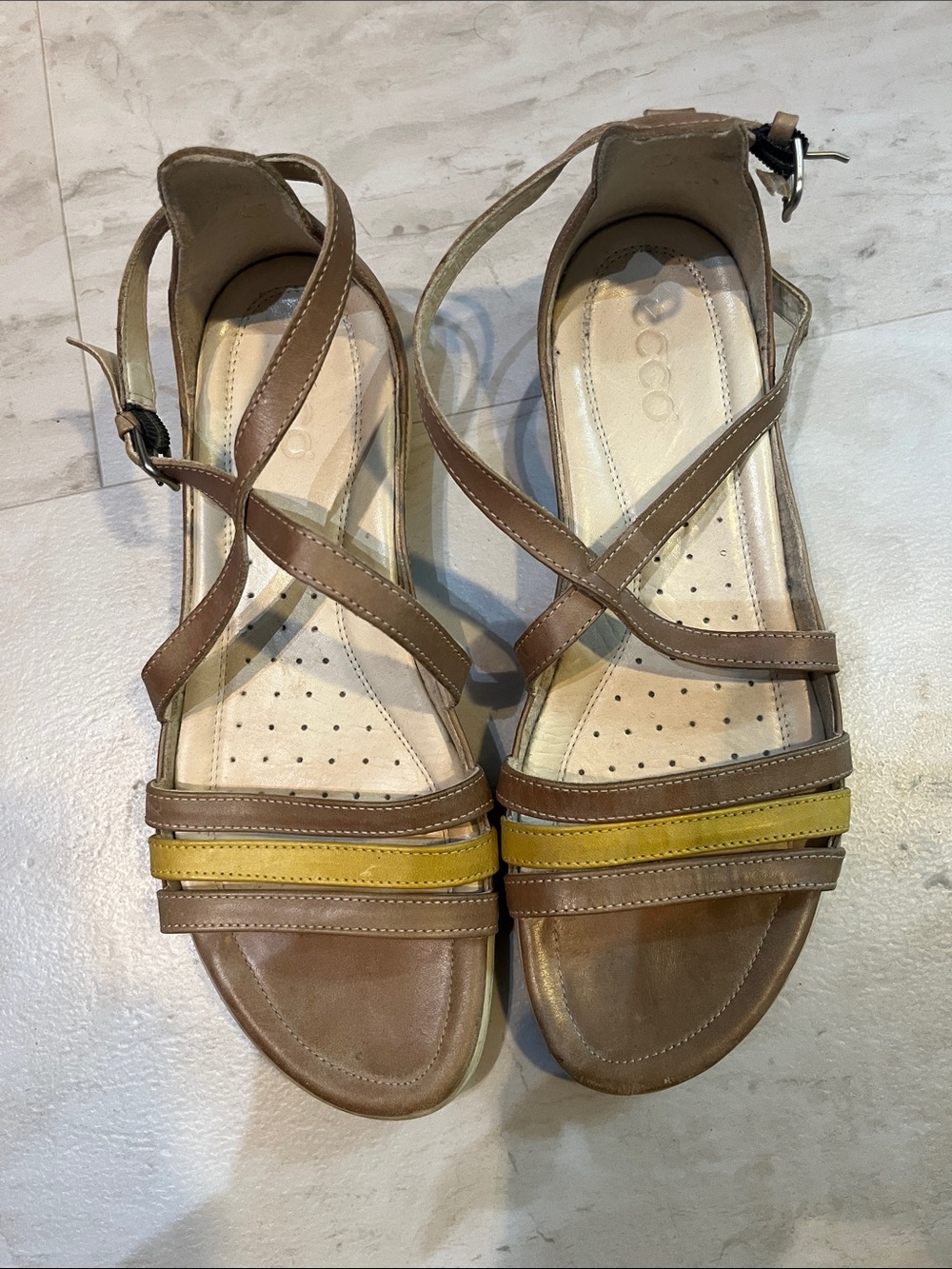Ecco Women's Brown Leather Sandals with Yellow Straps